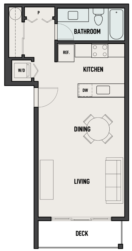 Floor plan for studio, 1 bath, 536 sqft
